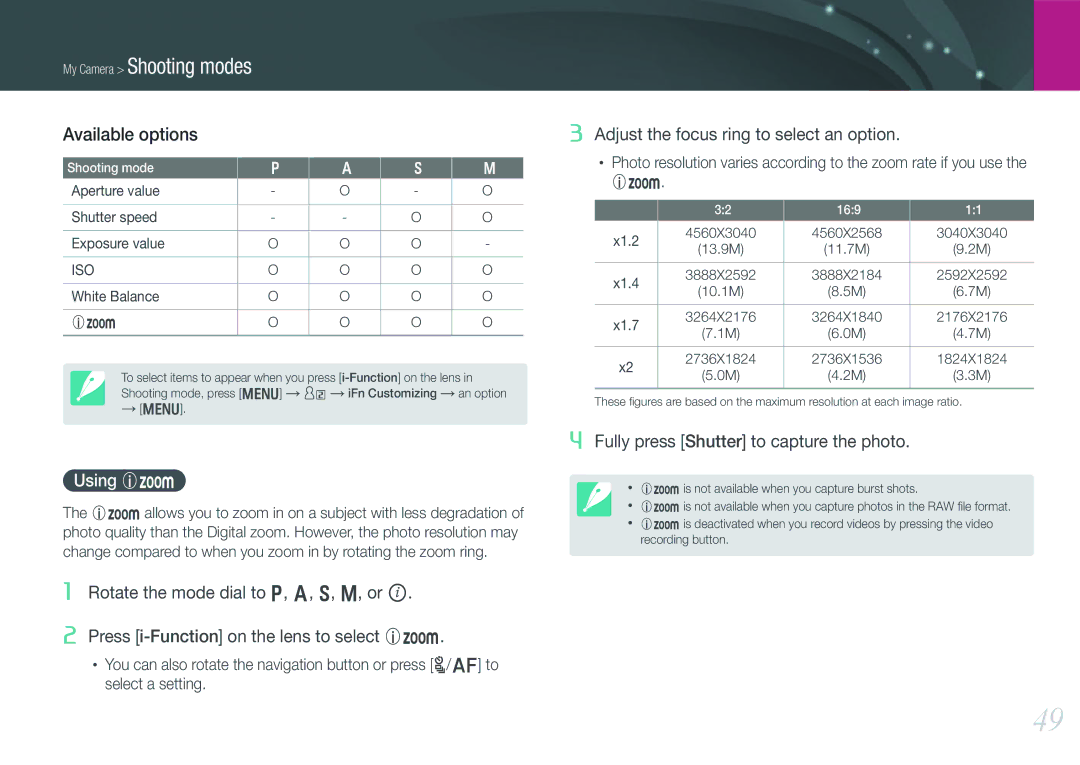 Samsung EV-NX1000BABUS, EV-NX1000BHWUS, NX1000 Black 2lens Kit user manual Available options, Using Z 