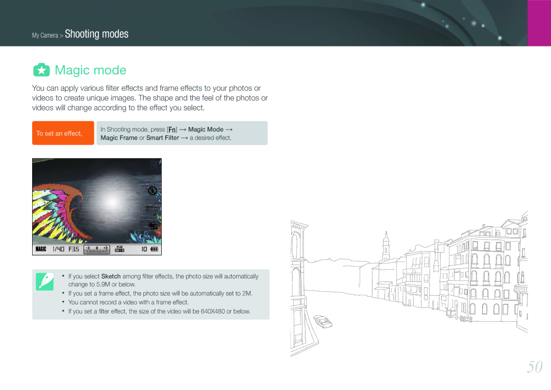 Samsung NX1000 Black 2lens Kit, EV-NX1000BHWUS, EV-NX1000BABUS user manual Magic mode, To set an effect 