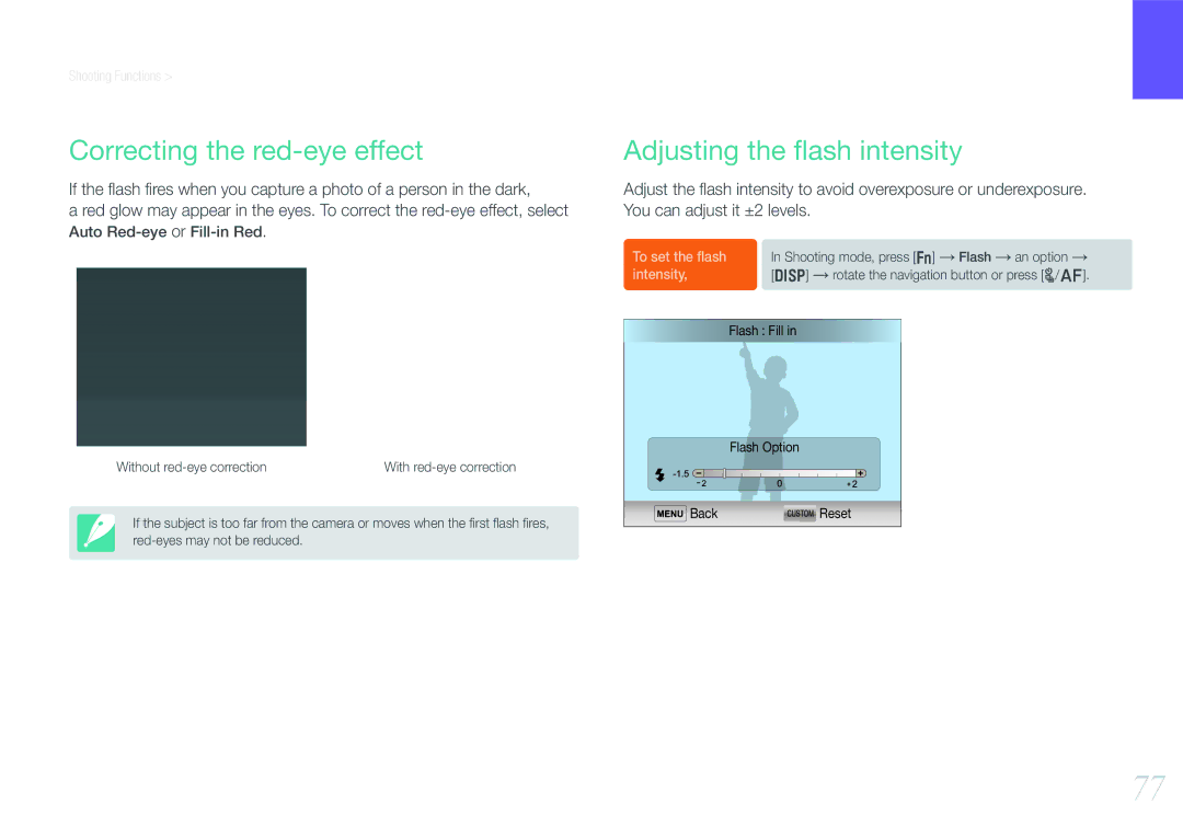 Samsung EV-NX1000BABUS, EV-NX1000BHWUS, NX1000 Black 2lens Kit Correcting the red-eye effect, Adjusting the ﬂash intensity 