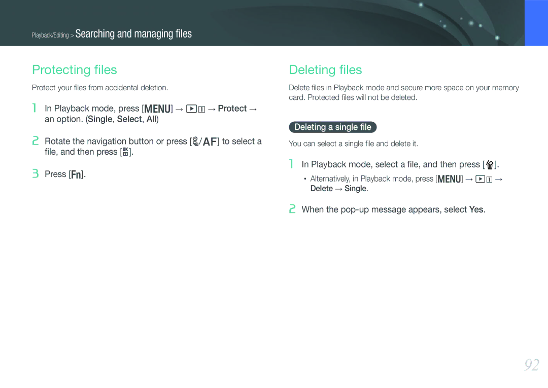 Samsung EV-NX1000BHWUS Protecting ﬁles, Deleting ﬁles, Deleting a single ﬁle, Protect your ﬁles from accidental deletion 