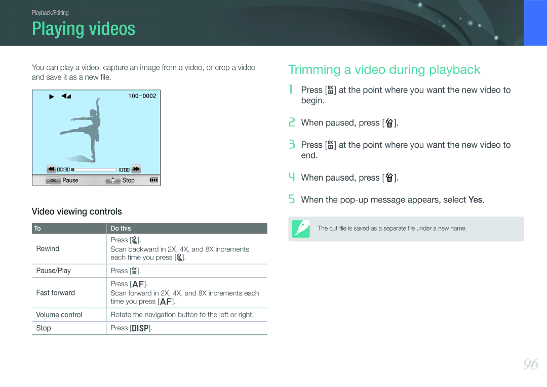 Samsung EV-NX1000BHWUS, EV-NX1000BABUS user manual Playing videos, Trimming a video during playback, Video viewing controls 