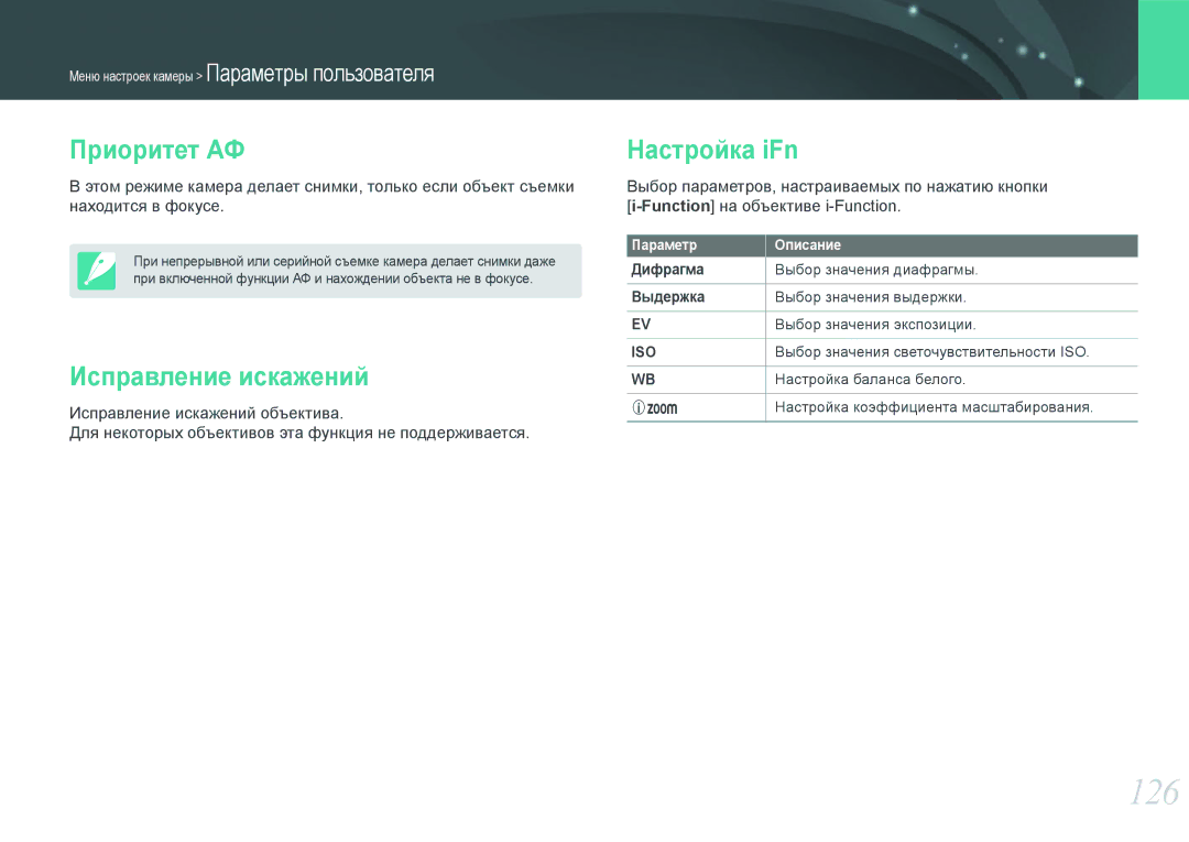 Samsung NX1000 manual 126, Приоритет АФ, Исправление искажений, Настройка iFn, Дифрагма 