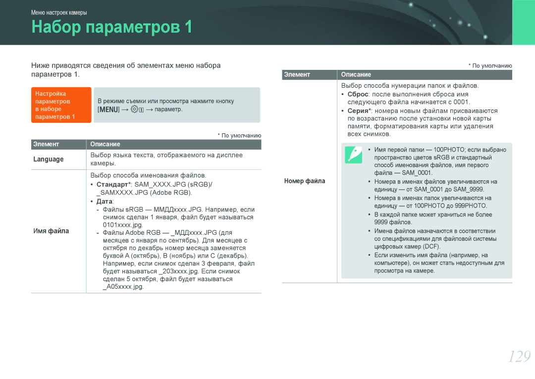 Samsung NX1000 manual Набор параметров, 129, Language, Имя файла 