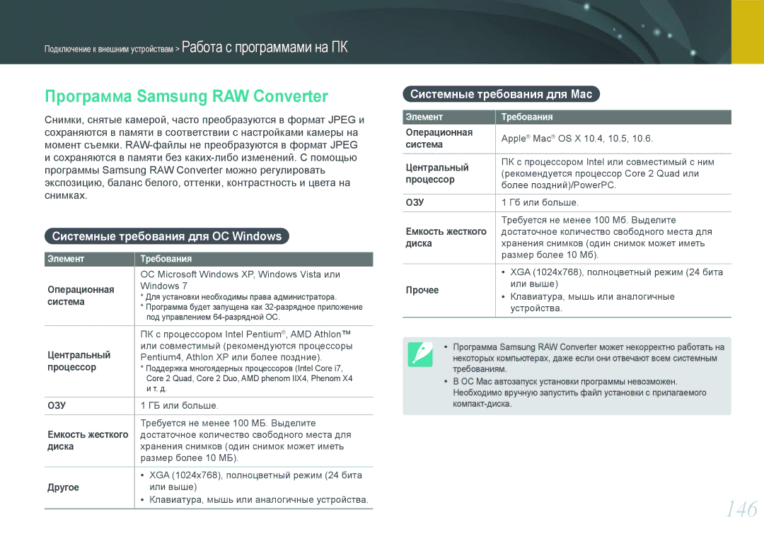 Samsung NX1000 146, Программа Samsung RAW Converter, Системные требования для ОС Windows, Системные требования для Mac 