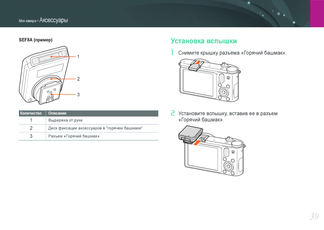 Samsung NX1000 manual Установка вспышки, Количество Описание 