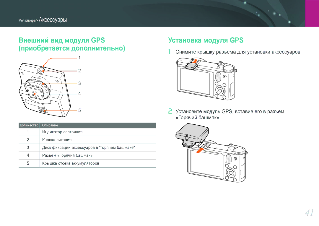 Samsung NX1000 manual Внешний вид модуля GPS Приобретается дополнительно, Установка модуля GPS 