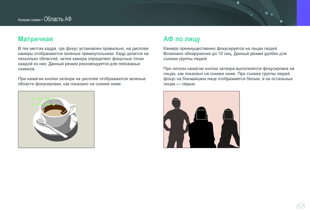 Samsung NX1000 manual Матричная, АФ по лицу 