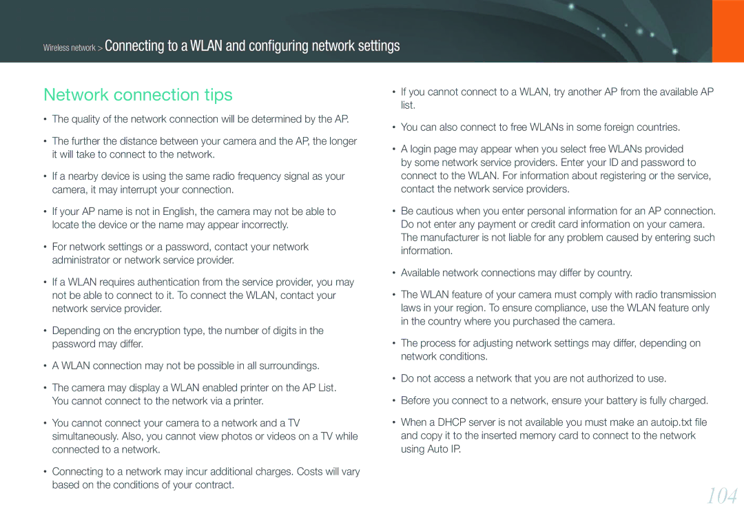 Samsung NX1000 user manual 104, Network connection tips 