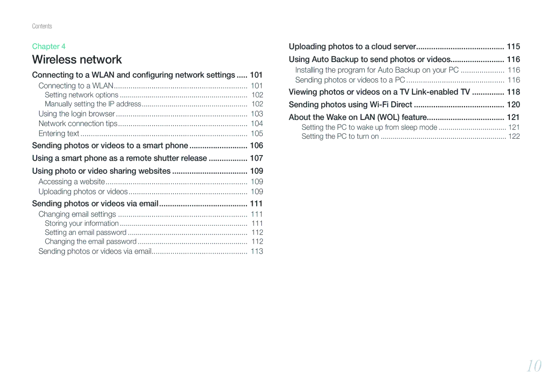 Samsung NX1000 user manual Connecting to a Wlan and conﬁguring network settings, 101, 103, 104, 105, 109, 111, 113 