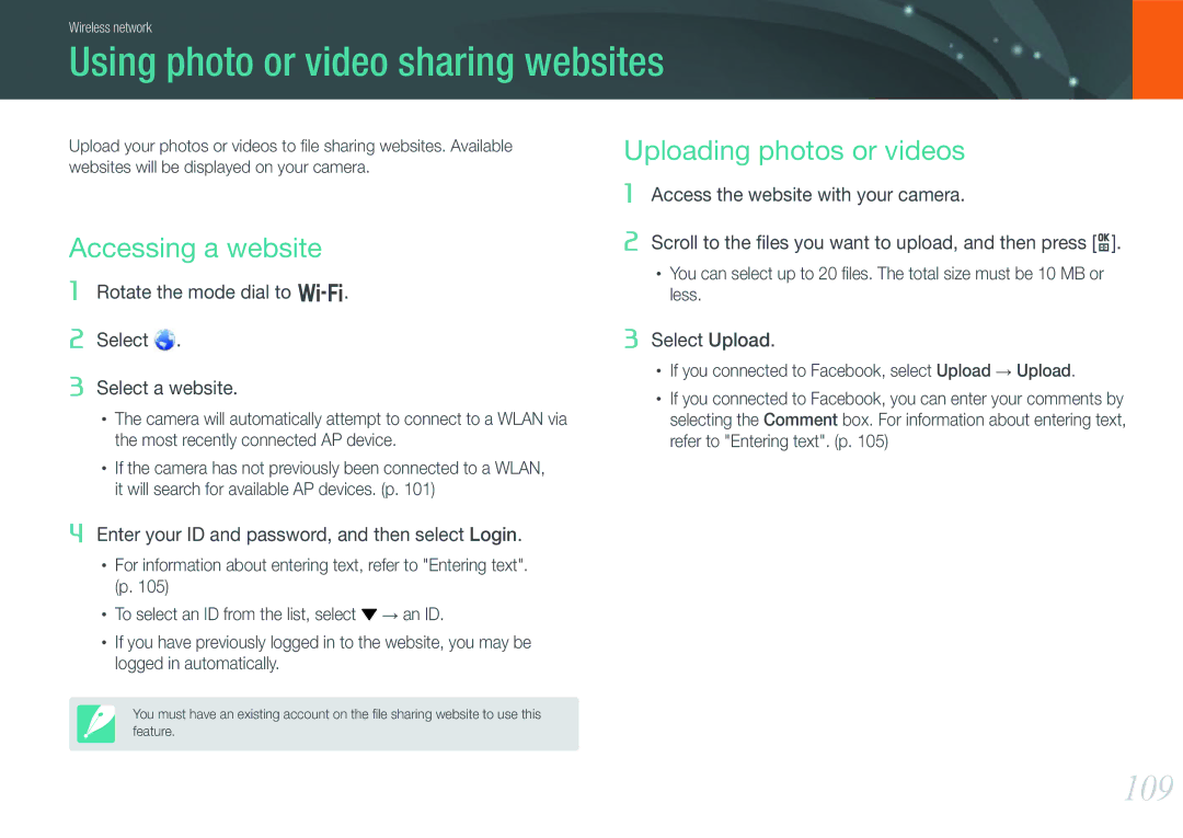 Samsung NX1000 user manual Using photo or video sharing websites, 109, Uploading photos or videos Accessing a website 