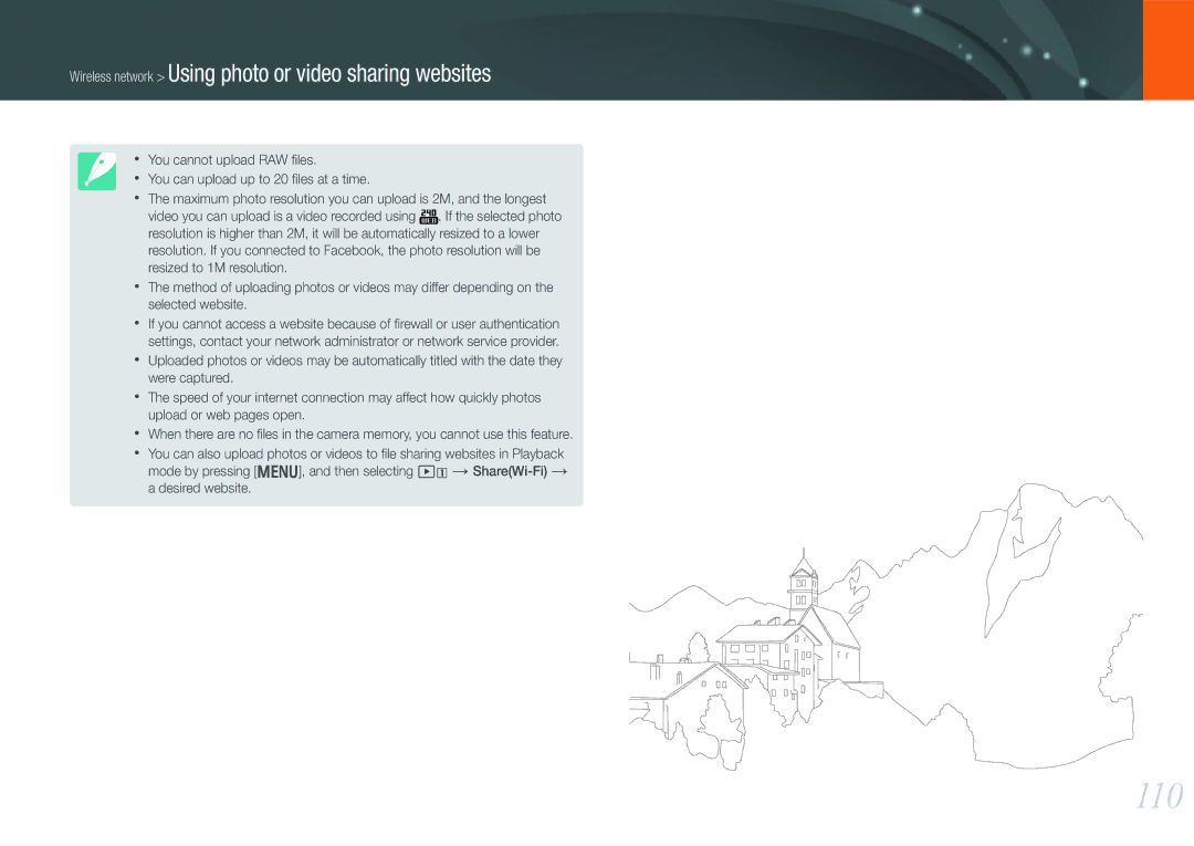 Samsung NX1000 user manual 110, Wireless network Using photo or video sharing websites 