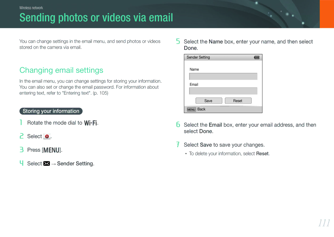 Samsung NX1000 user manual 111, Changing email settings, Stored on the camera via email 