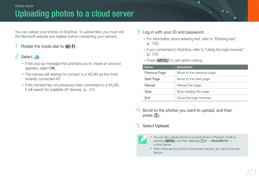 Samsung NX1000 user manual Uploading photos to a cloud server, 115 