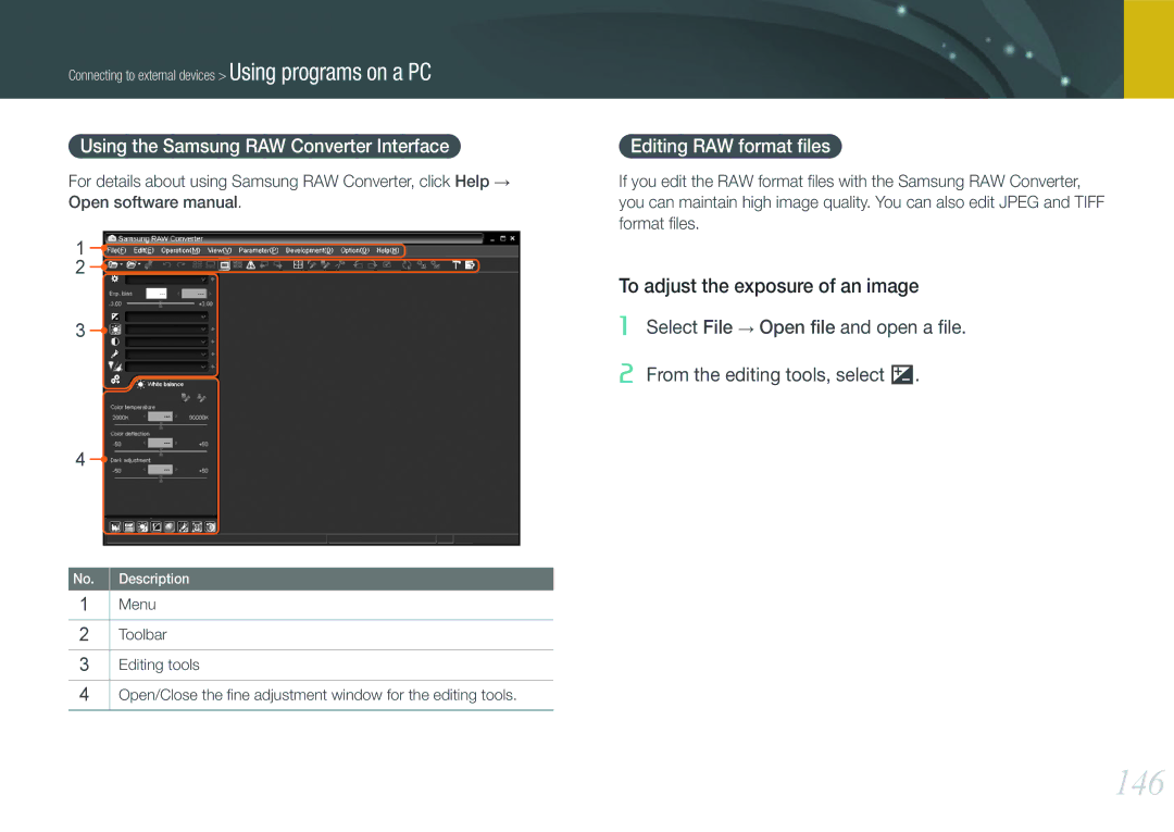 Samsung NX1000 146, To adjust the exposure of an image, Using the Samsung RAW Converter Interface, Editing RAW format ﬁles 