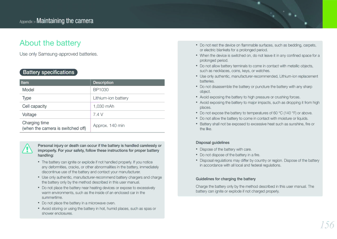 Samsung NX1000 user manual 156, About the battery, Battery speciﬁcations, Use only Samsung-approved batteries 