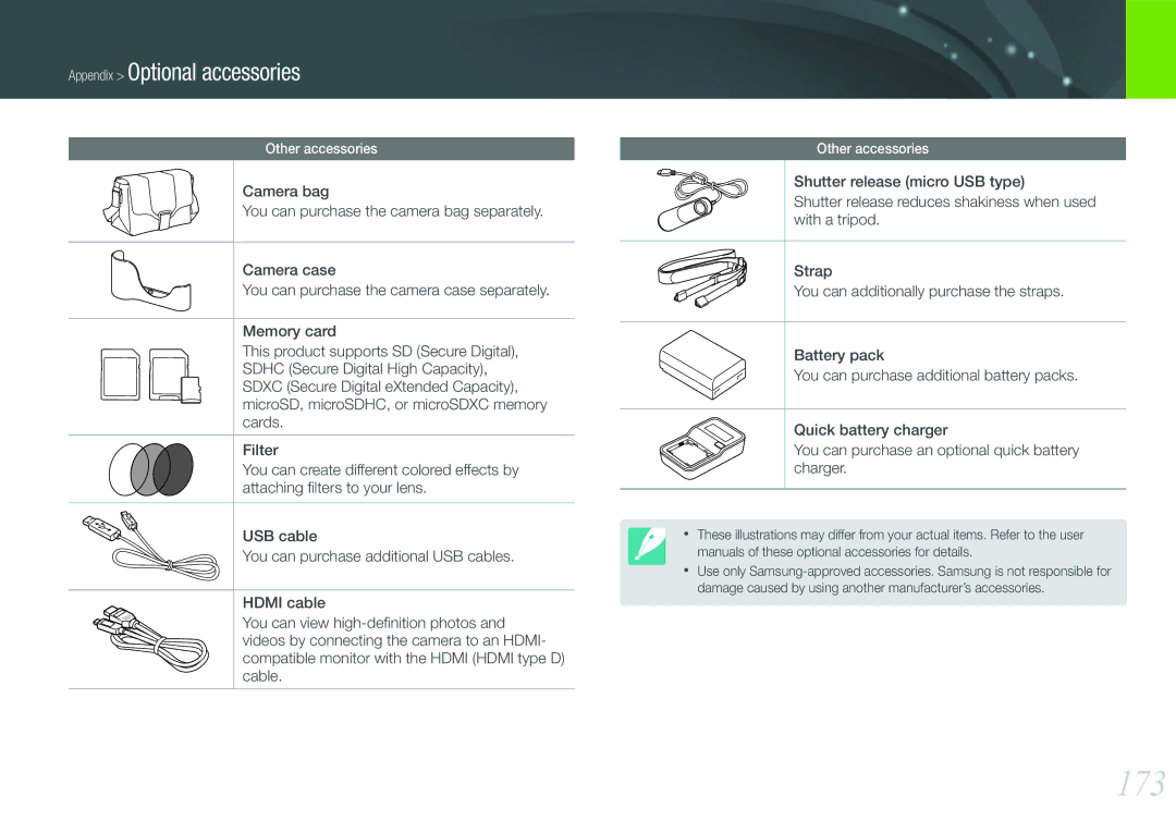 Samsung NX1000 user manual 173, Appendix Optional accessories 