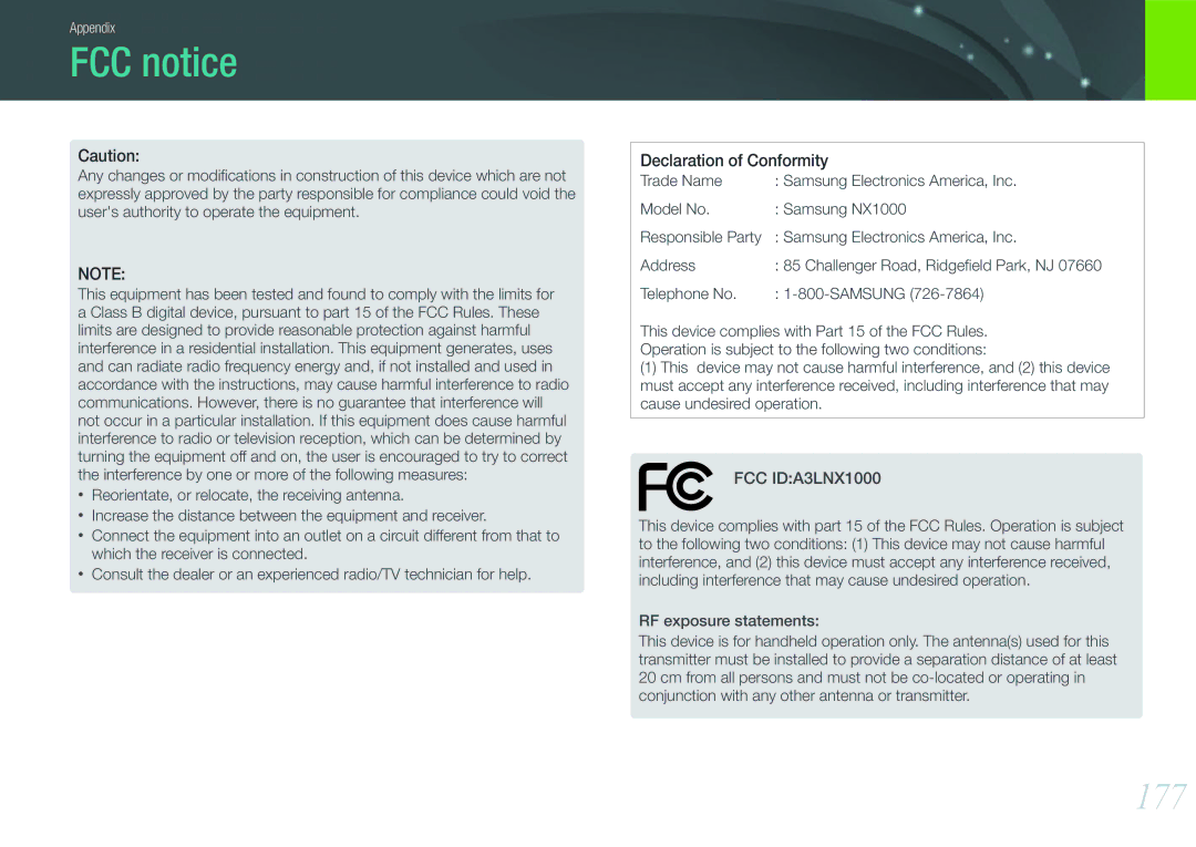 Samsung NX1000 user manual FCC notice, 177 