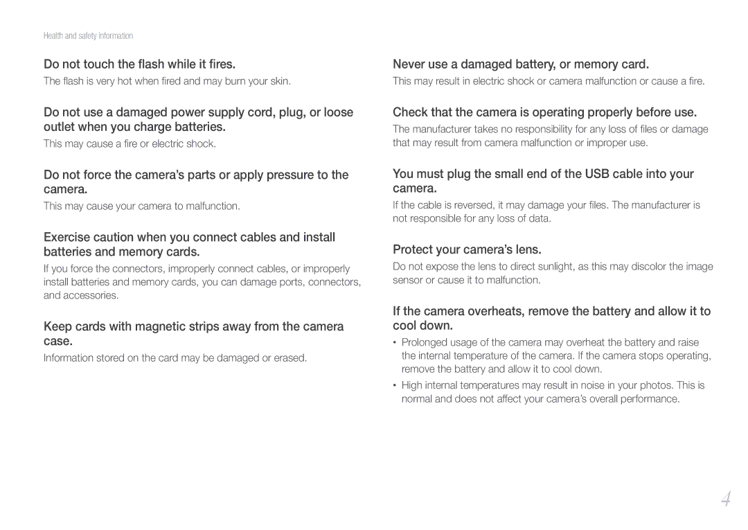 Samsung NX1000 user manual Do not touch the ﬂash while it ﬁres, Keep cards with magnetic strips away from the camera case 