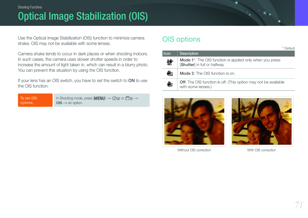 Samsung NX1000 user manual Optical Image Stabilization OIS, OIS options 