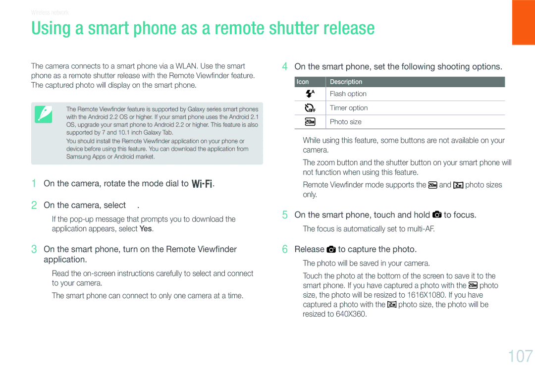 Samsung NX1000 user manual Using a smart phone as a remote shutter release, 107, Timer option, Photo size 