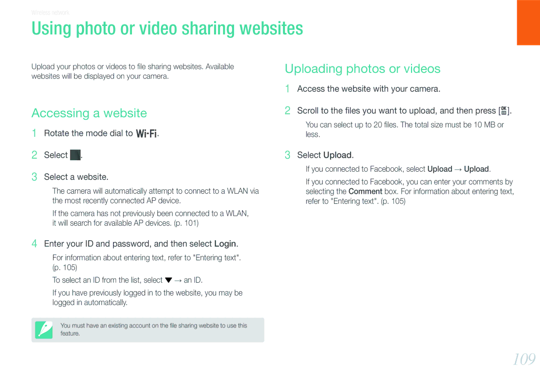 Samsung NX1000 user manual Using photo or video sharing websites, 109, Uploading photos or videos Accessing a website 