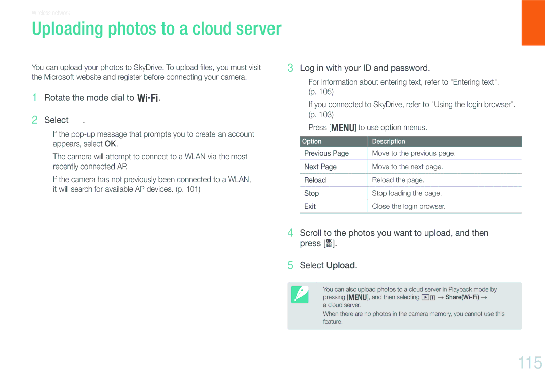 Samsung NX1000 user manual Uploading photos to a cloud server, 115 