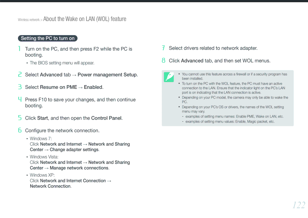 Samsung NX1000 user manual 122, Setting the PC to turn on 