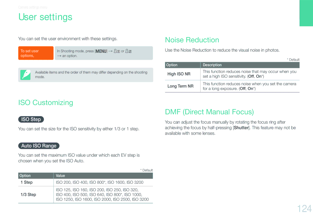 Samsung NX1000 user manual User settings, 124, Noise Reduction, ISO Customizing, DMF Direct Manual Focus 