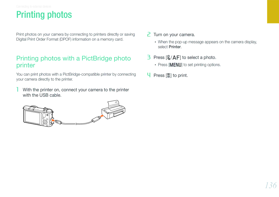 Samsung NX1000 user manual 136, Printing photos with a PictBridge photo printer 