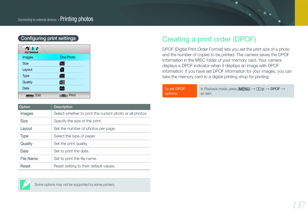 Samsung NX1000 user manual 137, Creating a print order Dpof, Conﬁguring print settings, Images 