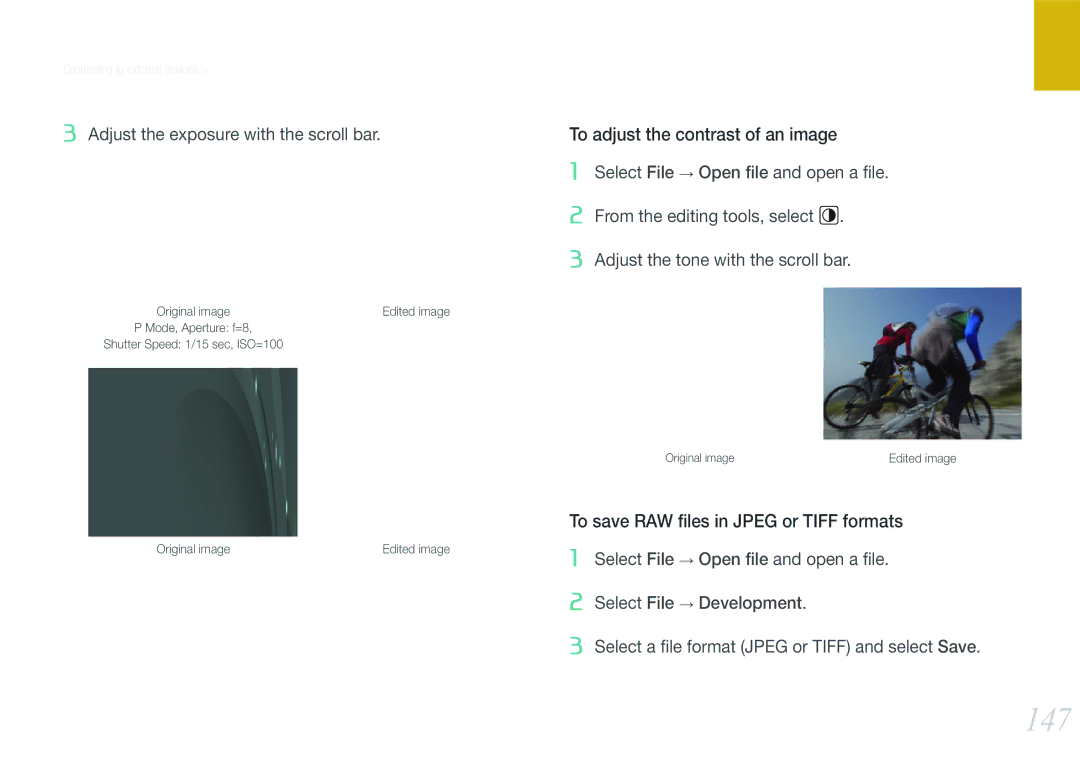 Samsung NX1000 user manual 147, To adjust the contrast of an image, To save RAW ﬁles in Jpeg or Tiff formats 