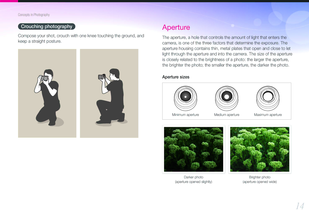 Samsung NX1000 user manual Aperture, Crouching photography 