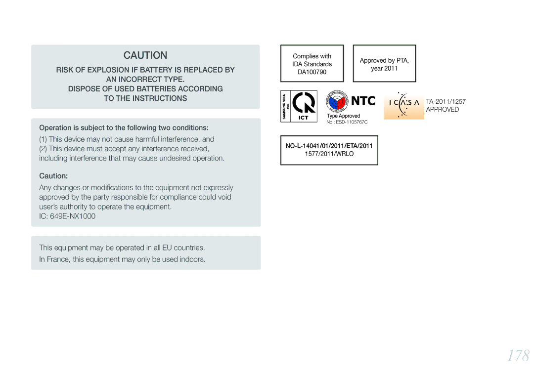 Samsung NX1000 user manual 178, This device may not cause harmful interference 