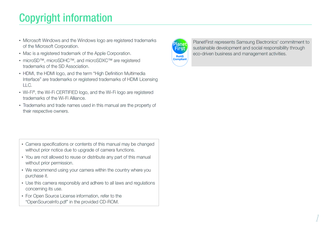 Samsung NX1000 user manual Copyright information 