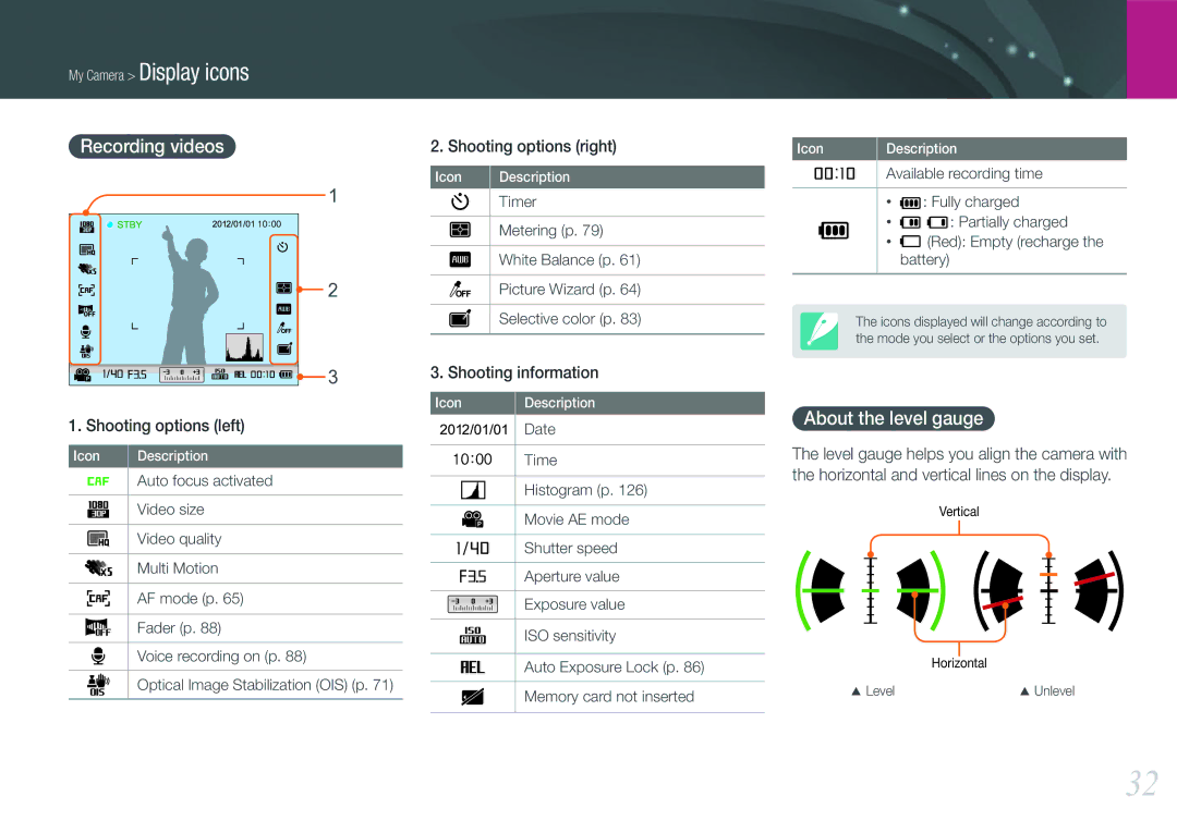 Samsung NX1000 user manual Recording videos, About the level gauge 