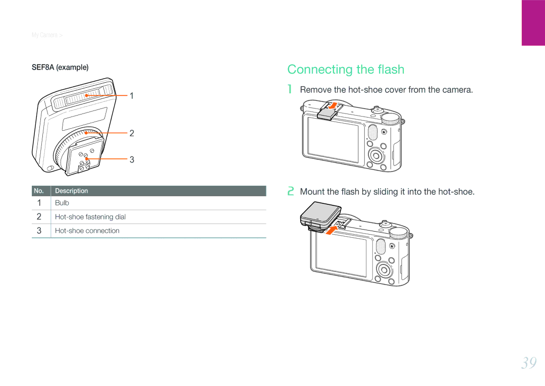 Samsung NX1000 user manual Connecting the ﬂash, SEF8A example, Bulb Hot-shoe fastening dial Hot-shoe connection 