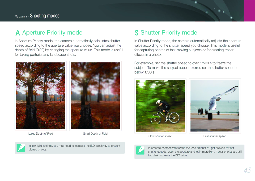 Samsung NX1000 user manual Aperture Priority mode, Shutter Priority mode 