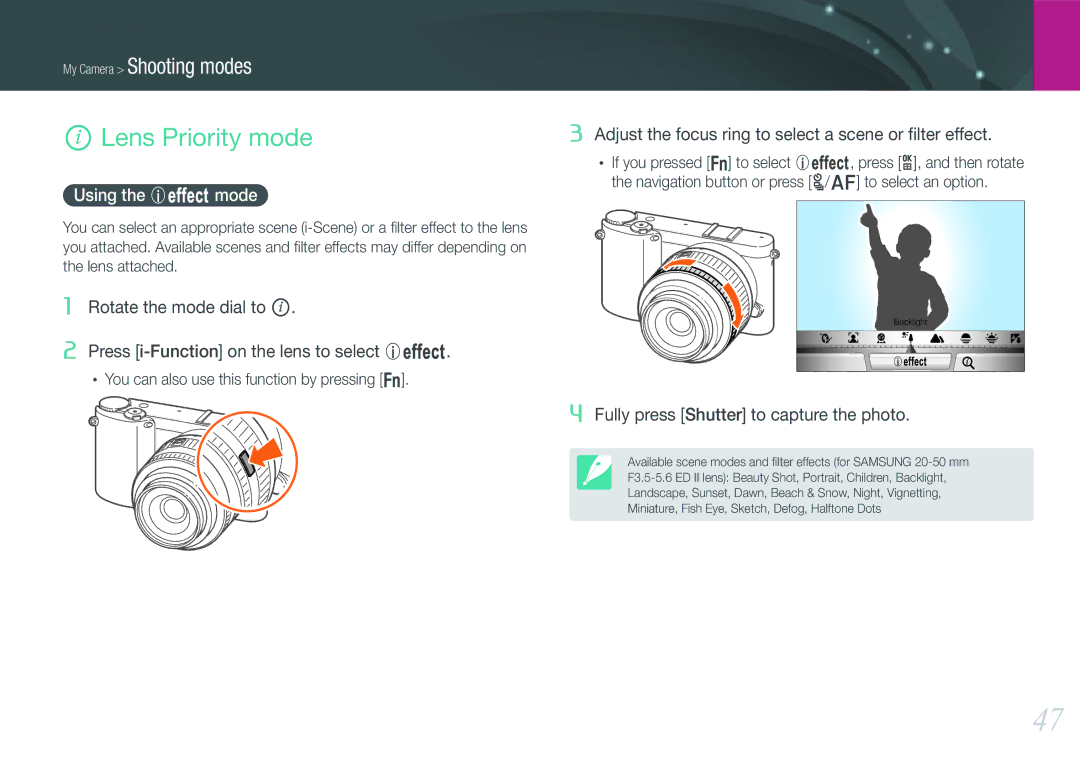 Samsung NX1000 user manual Lens Priority mode, Using the E mode 