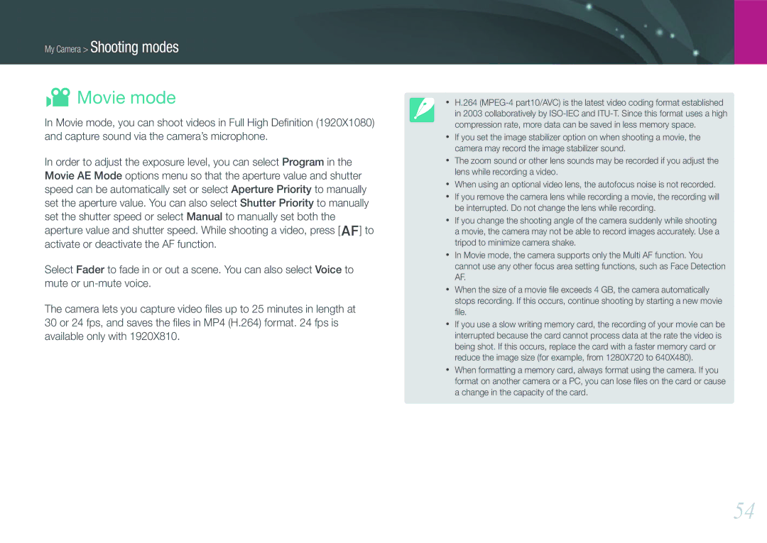 Samsung NX1000 user manual Movie mode 