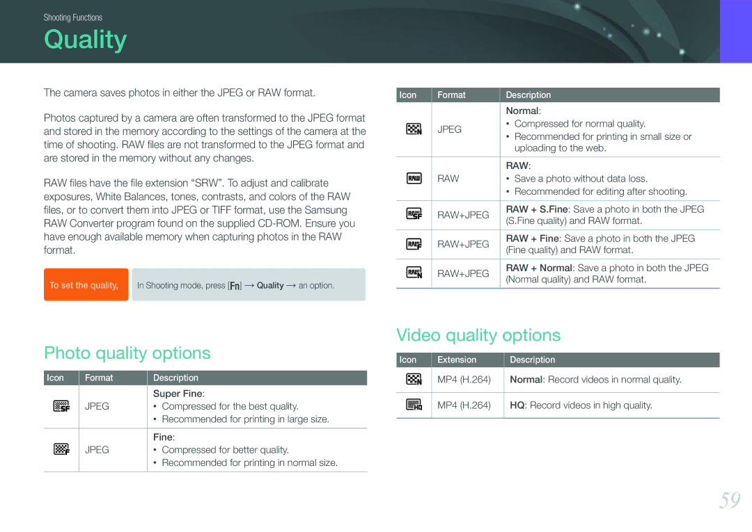 Samsung NX1000 Quality, Photo quality options, Video quality options, Camera saves photos in either the Jpeg or RAW format 