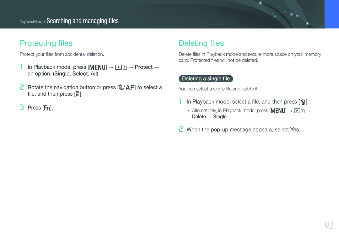 Samsung NX1000 Protecting ﬁles, Deleting ﬁles, Deleting a single ﬁle, Protect your ﬁles from accidental deletion 