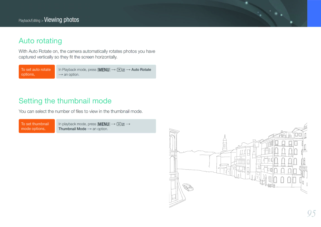 Samsung NX1000 user manual Auto rotating, Setting the thumbnail mode 