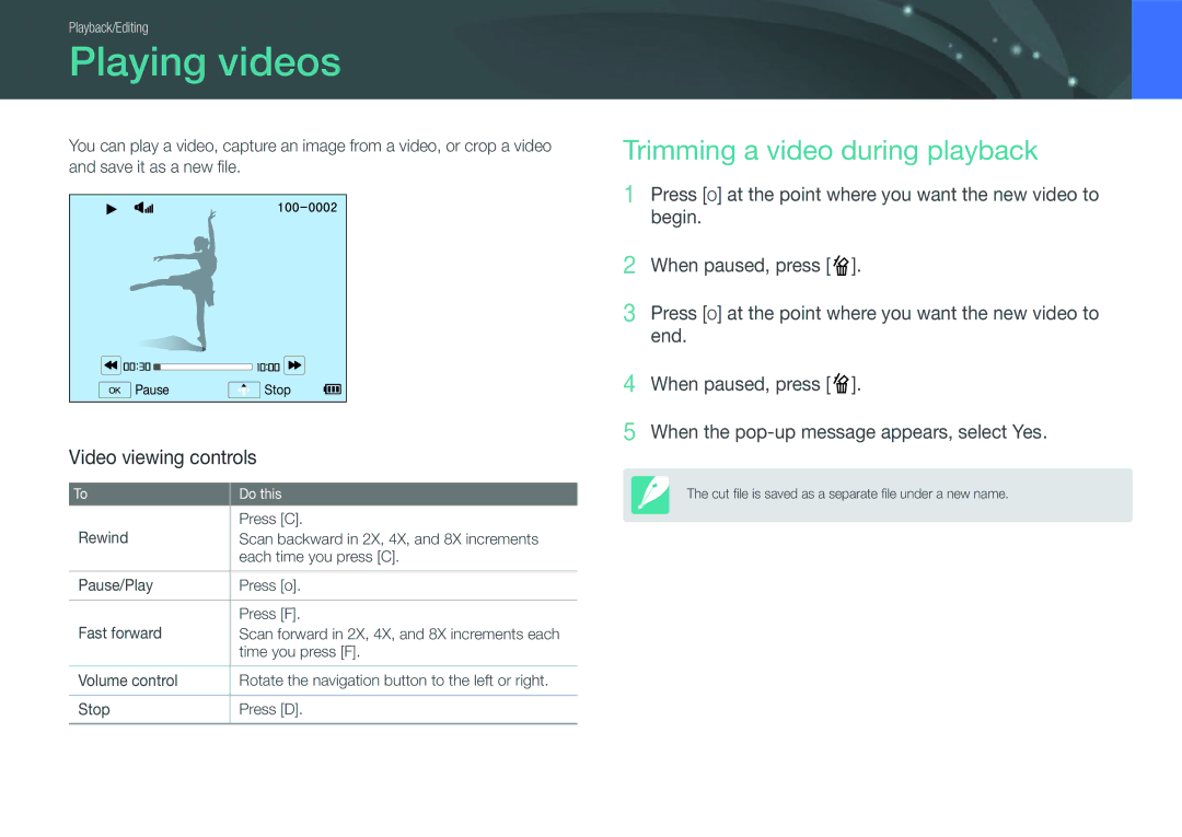 Samsung NX1000 user manual Playing videos, Trimming a video during playback, Video viewing controls 