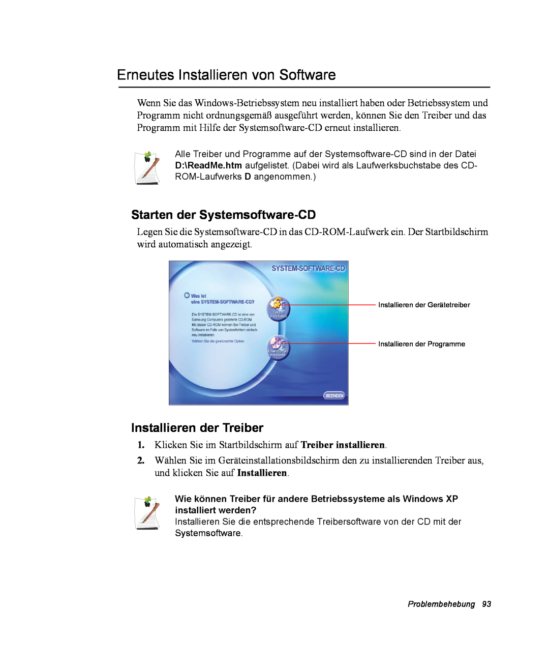 Samsung NX10PRTV04/SEG manual Erneutes Installieren von Software, Starten der Systemsoftware-CD, Installieren der Treiber 
