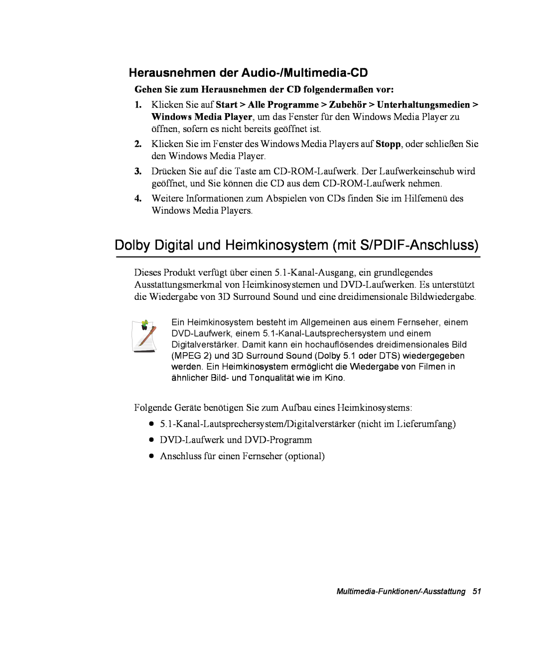 Samsung EV-NX10ZZBABUA manual Dolby Digital und Heimkinosystem mit S/PDIF-Anschluss, Herausnehmen der Audio-/Multimedia-CD 