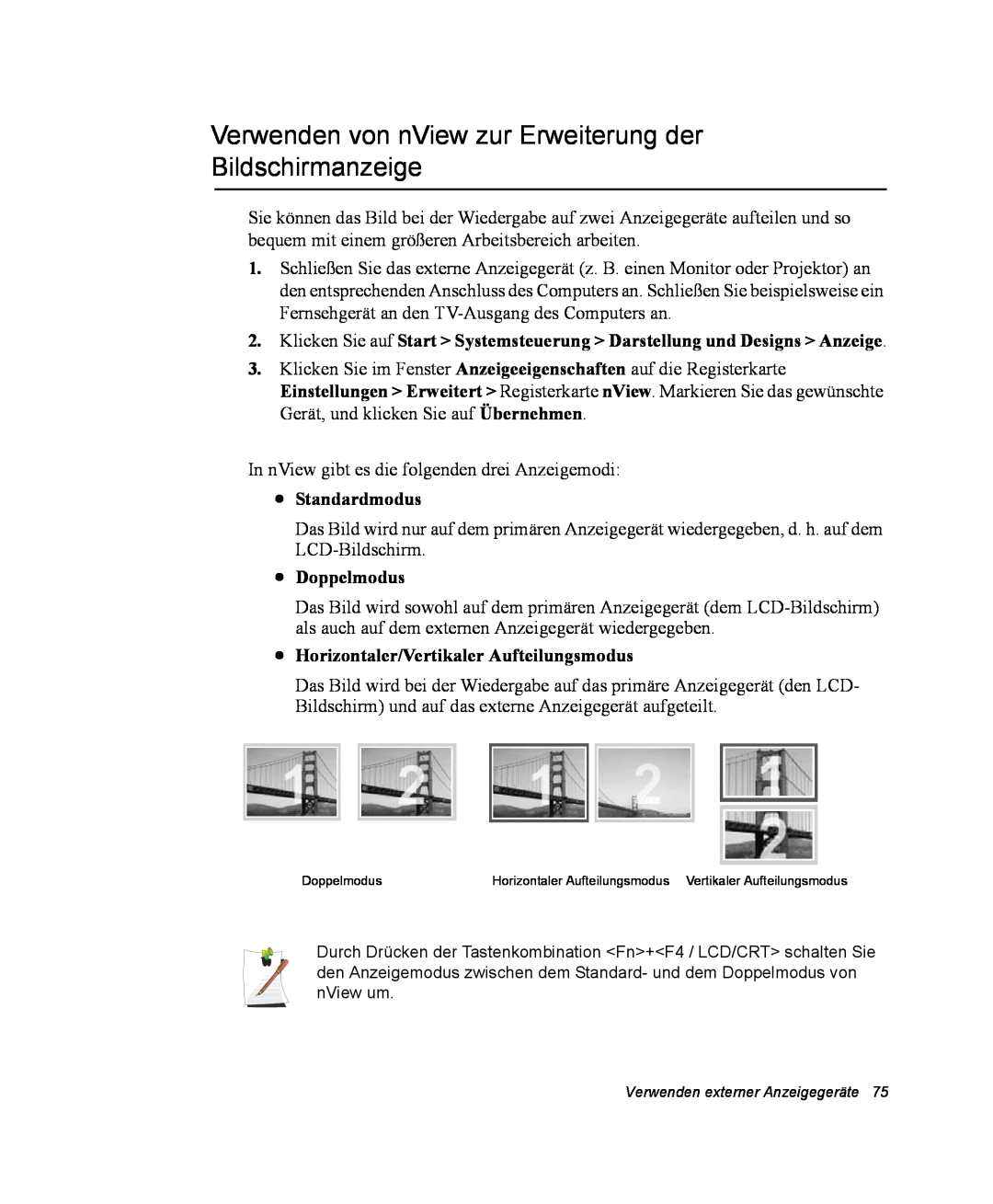 Samsung EV-NX10ZZBABDE manual Verwenden von nView zur Erweiterung der Bildschirmanzeige, Standardmodus, Doppelmodus 