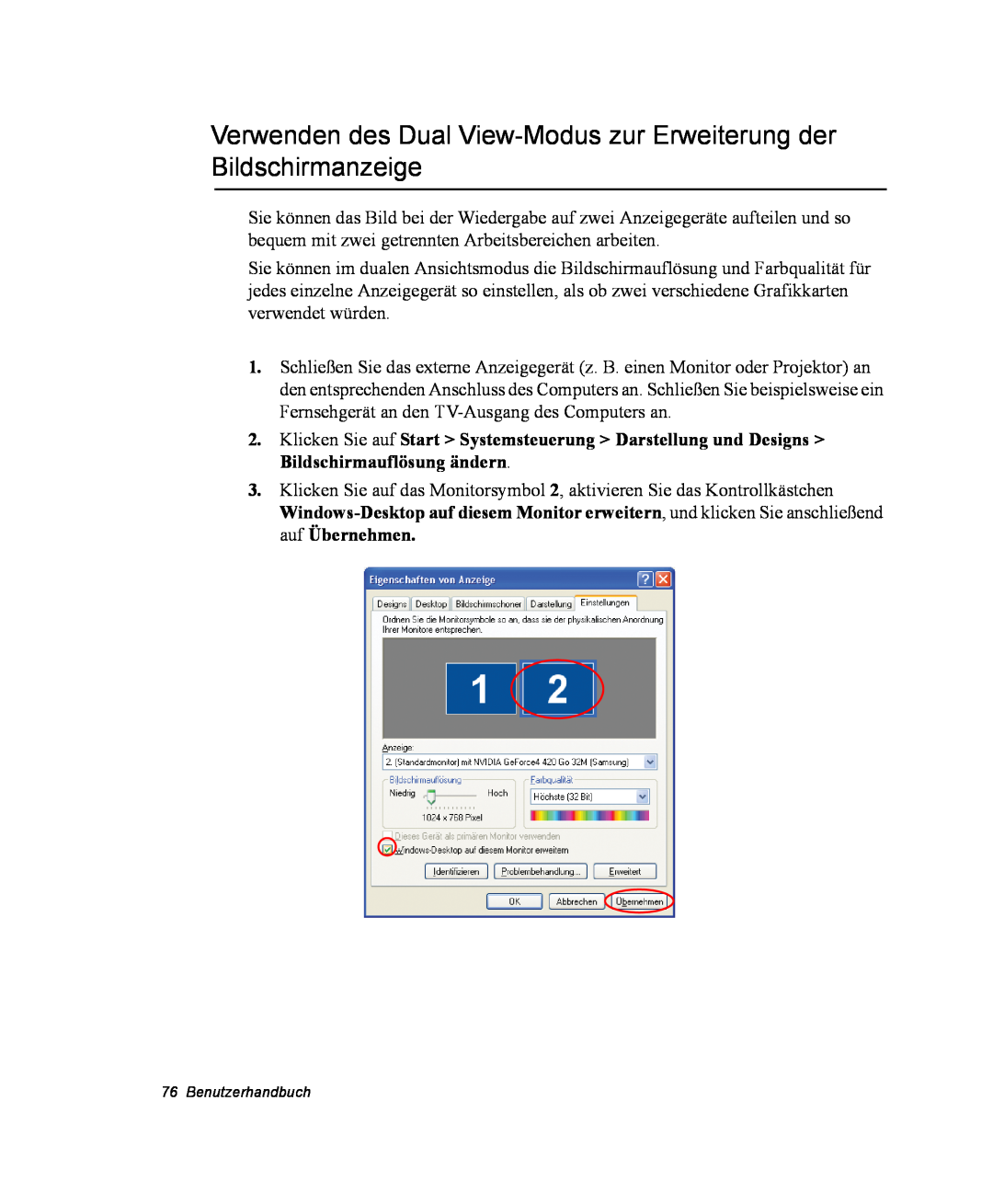 Samsung EV-NX10ZZBABUA manual Verwenden des Dual View-Modus zur Erweiterung der Bildschirmanzeige, Benutzerhandbuch 