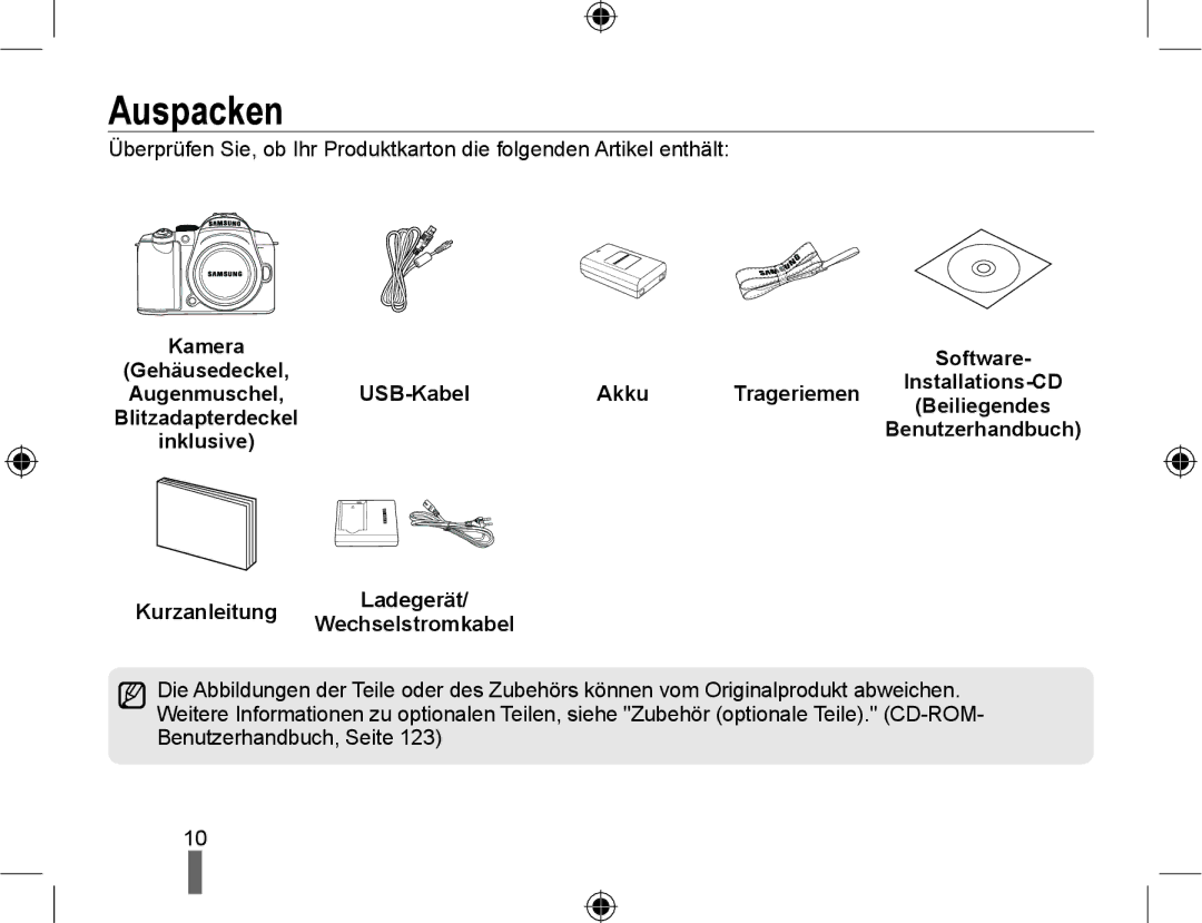 Samsung NX10PRTV04/SEG Auspacken, USB-Kabel Akku Trageriemen, Benutzerhandbuch, Kurzanleitung Ladegerät Wechselstromkabel 