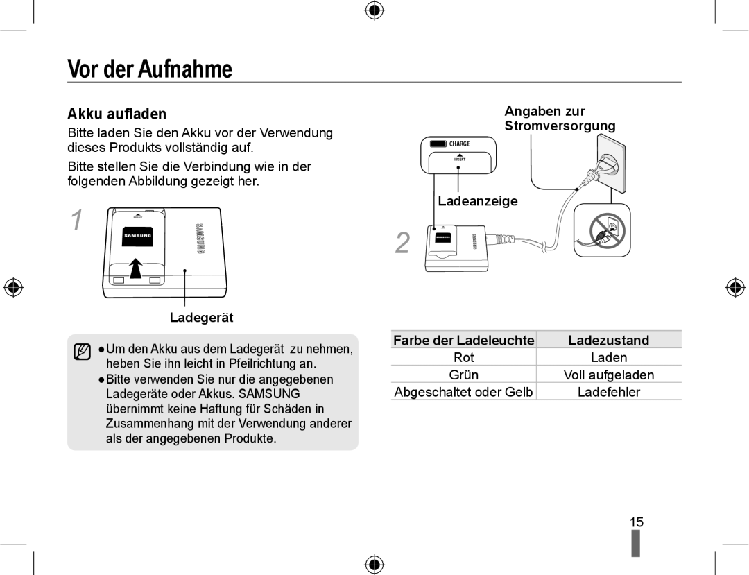 Samsung NX10RH08NH/SEG, NX10RHZA03/SUK manual Vor der Aufnahme, Akku auﬂaden, Ladegerät, Angaben zur Stromversorgung 