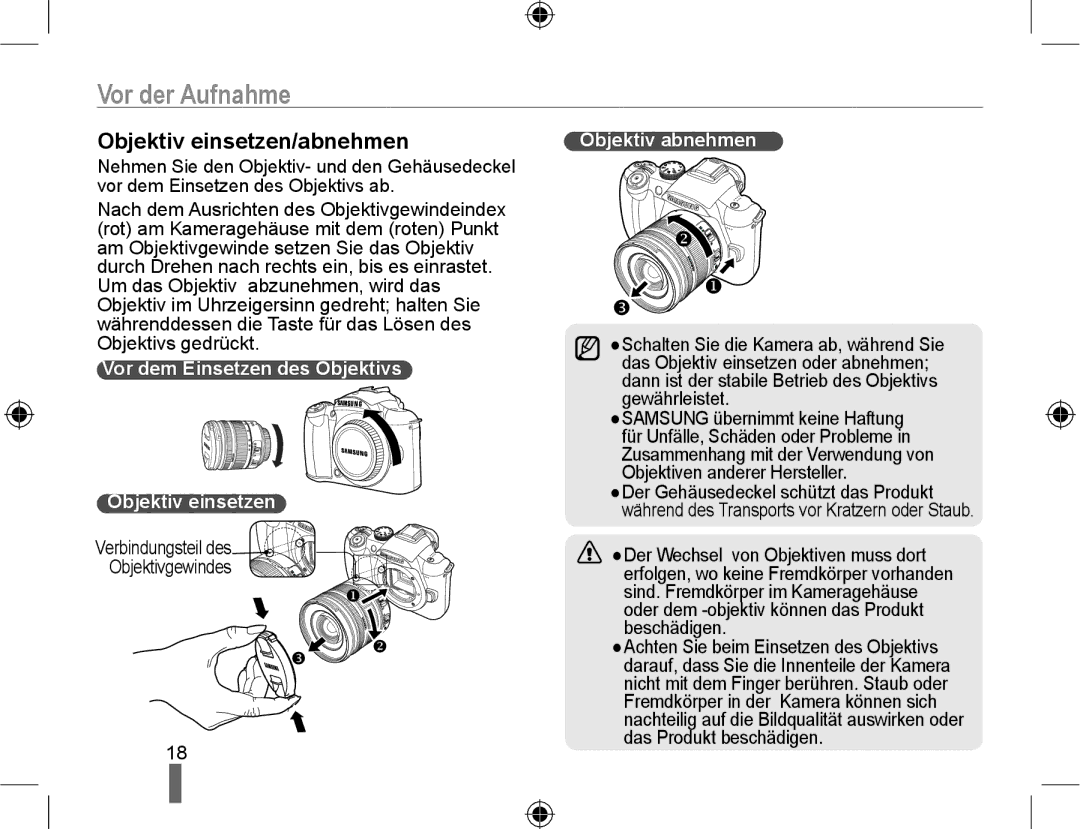 Samsung NX10PRTV04/SEG Objektiv einsetzen/abnehmen, Vor dem Einsetzen des Objektivs Objektiv einsetzen, Objektiv abnehmen 